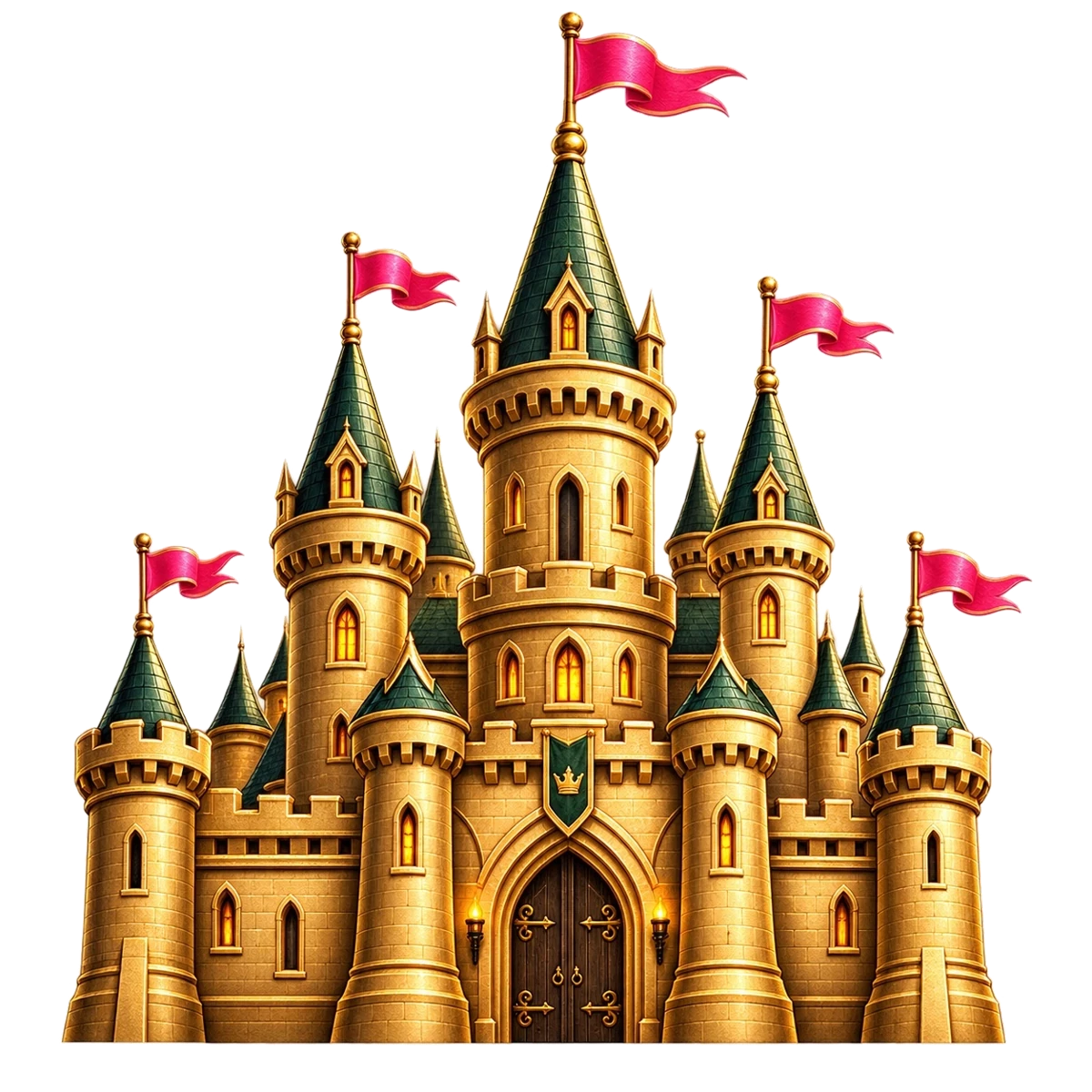 Kingdom castle with gold towers, green roofs and pink flags