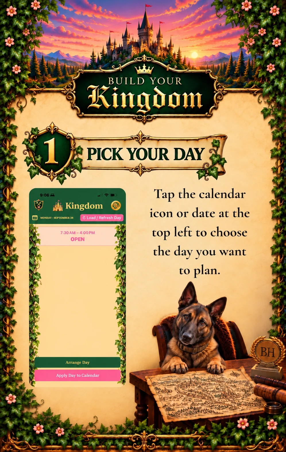 Original Kingdom illustrated guide artwork explaining how to pick your day